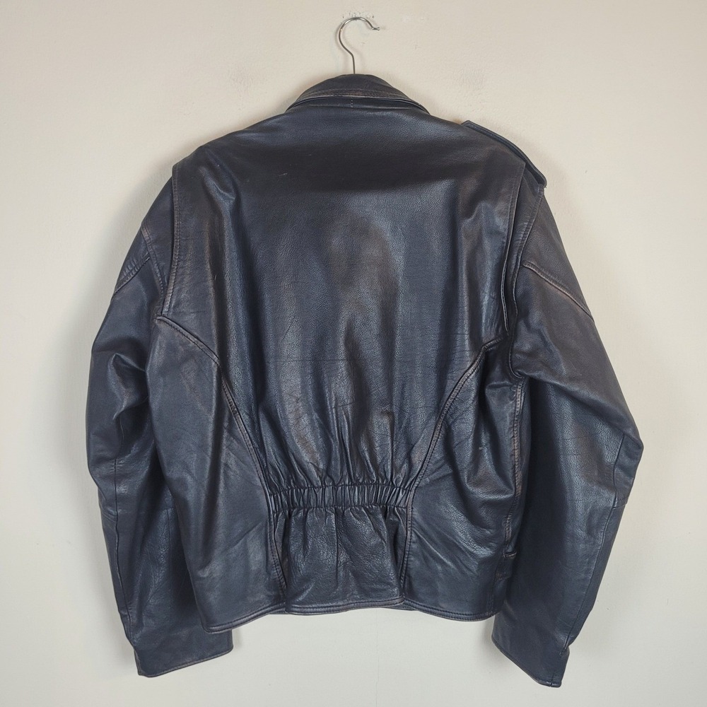 Badge Leather Jacket Mens Large Black Distressed Belted Moto Biker Asymmetrical - Picture 12 of 14